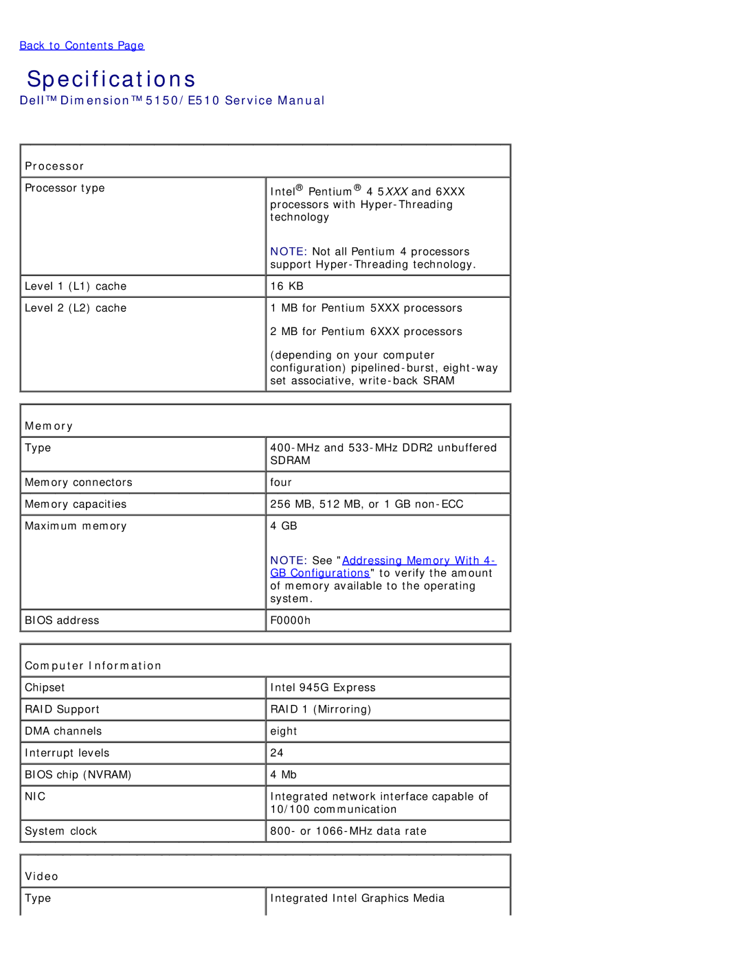 Dell DCSM manual Specifications, Processor, Memory, Computer Information, Video 