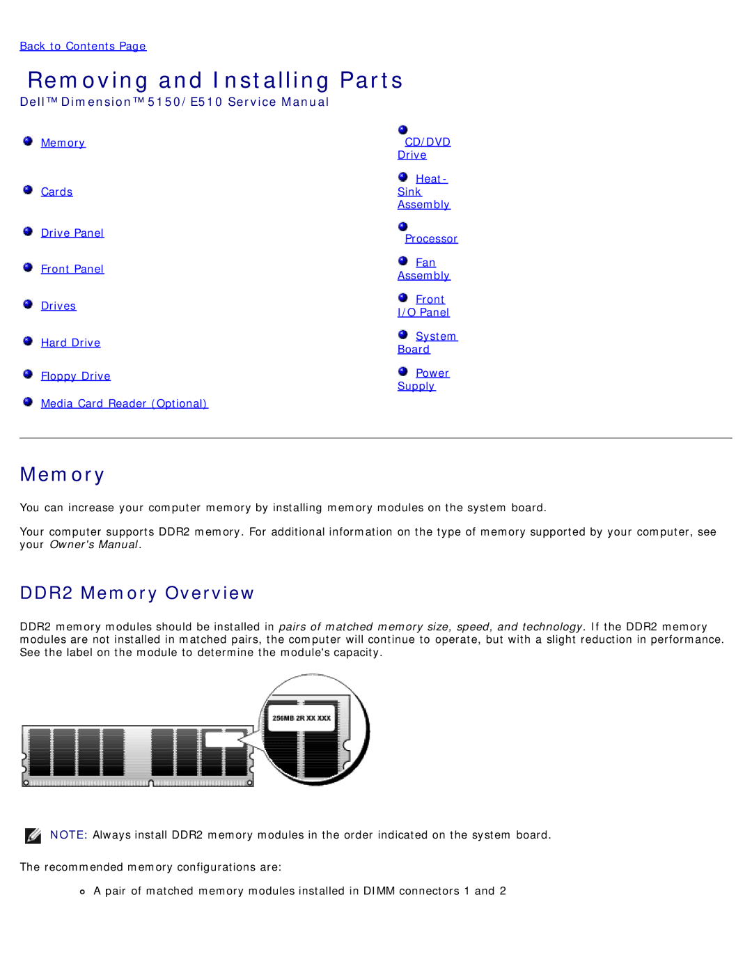 Dell DCSM manual Removing and Installing Parts, DDR2 Memory Overview 