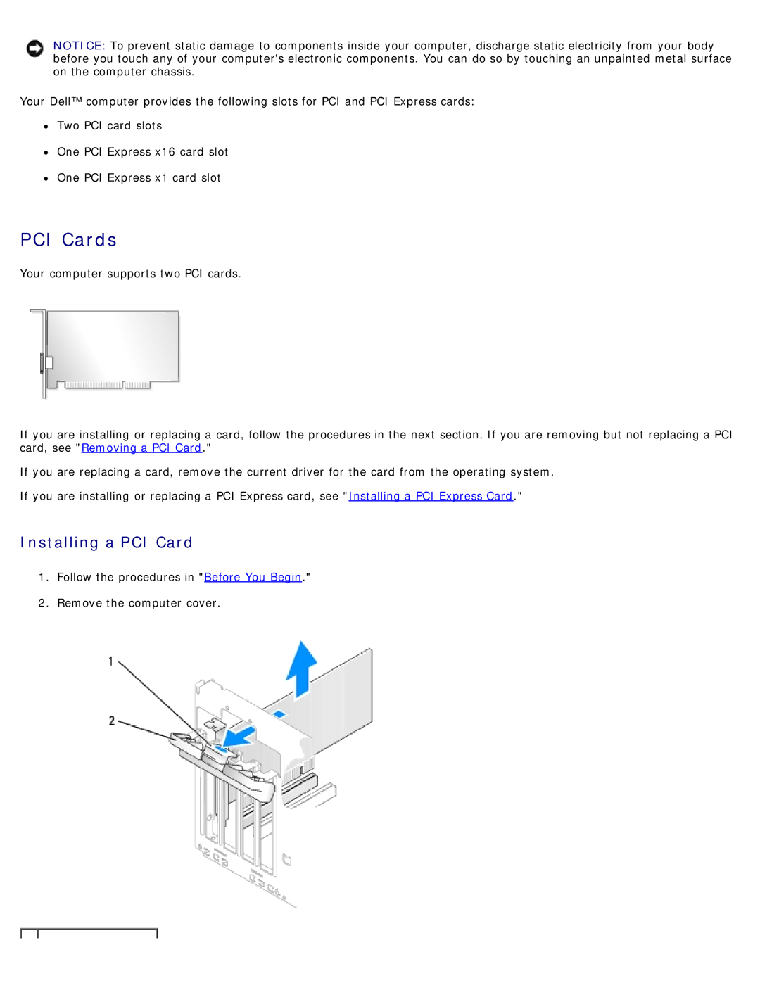 Dell DCSM manual PCI Cards, Installing a PCI Card 