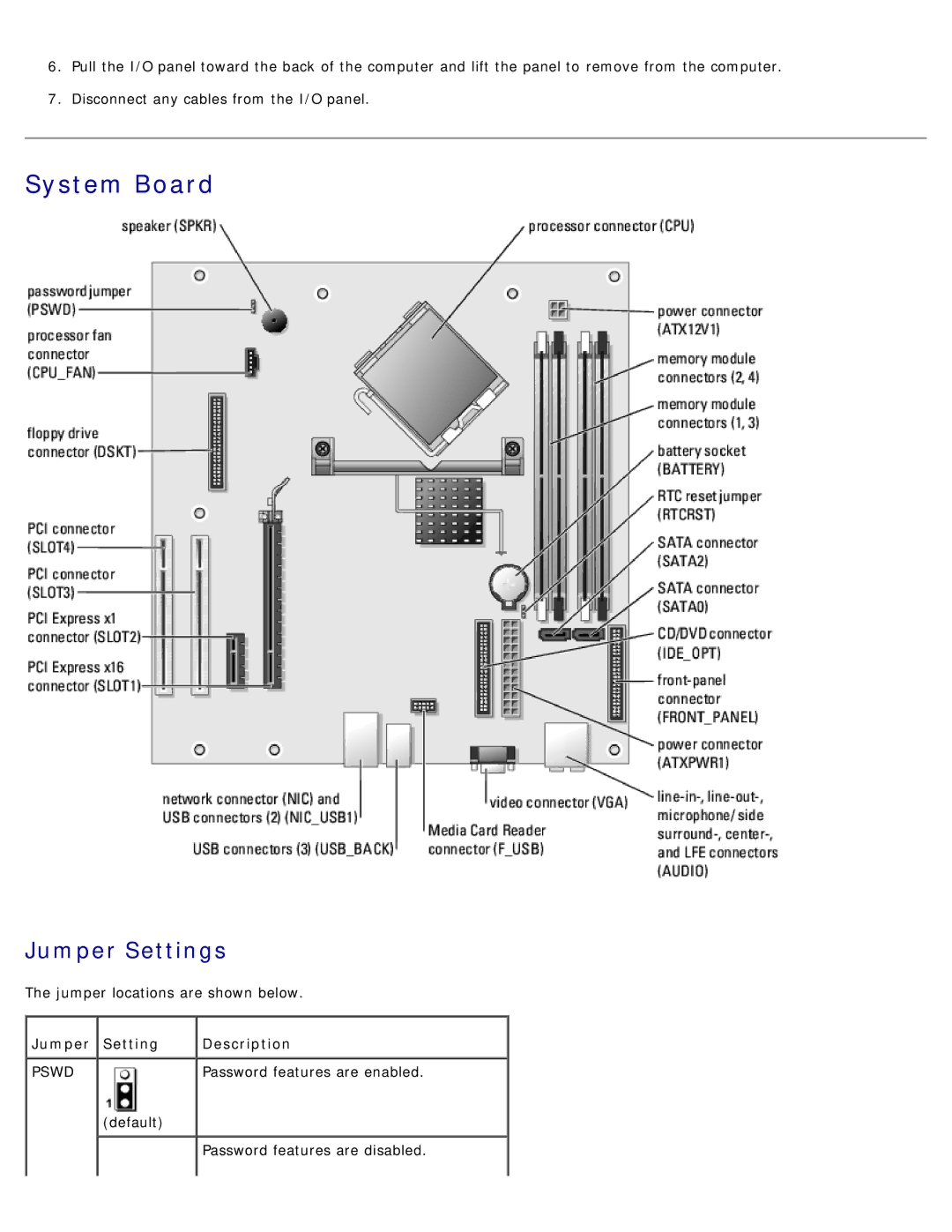 Dell DCSM manual System Board, Jumper Settings, Jumper Setting Description, Password features are enabled 