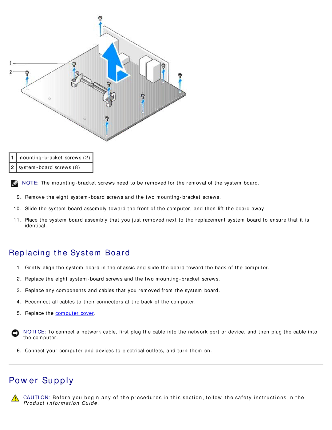 Dell DCSM manual Power Supply, Replacing the System Board 