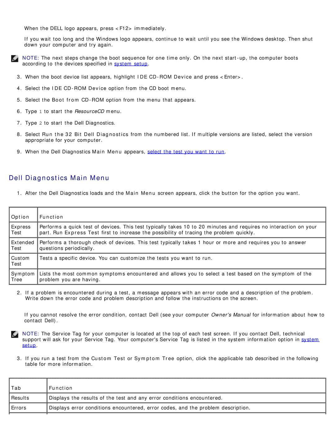 Dell DCSM manual Dell Diagnostics Main Menu, Option Function, Tab Function 