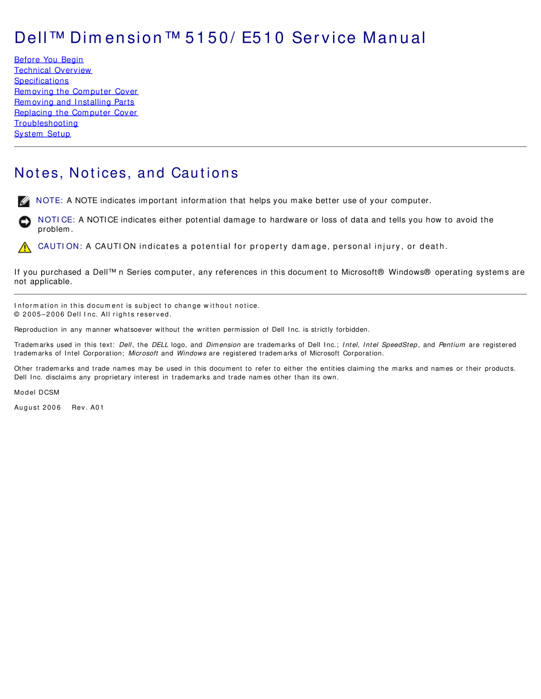 Dell DCSM manual Dell Dimension 5150/E510 Service Manual, Notes, Notices, and Cautions 