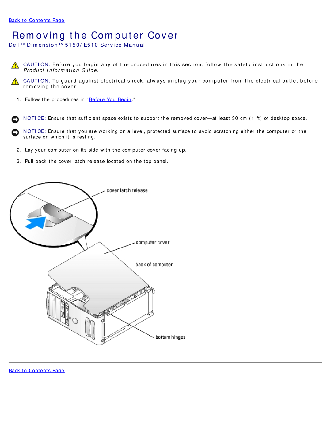 Dell DCSM manual Removing the Computer Cover, Dell Dimension 5150/E510 Service Manual, Back to Contents Page 