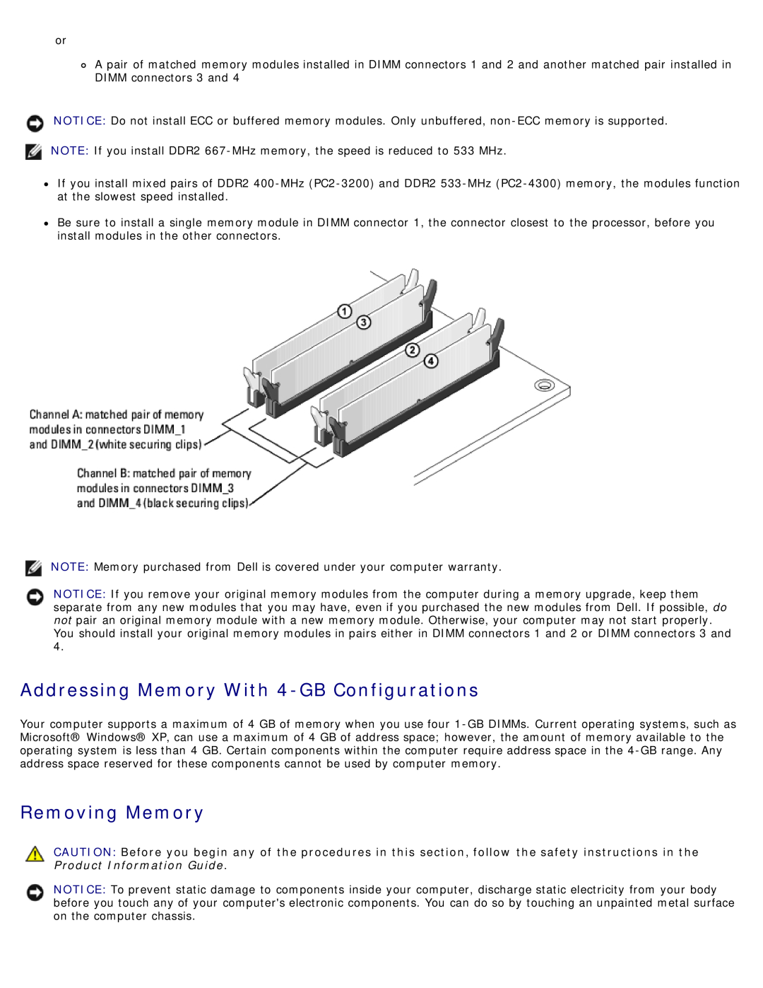 Dell DCSM manual Addressing Memory With 4-GB Configurations, Removing Memory 