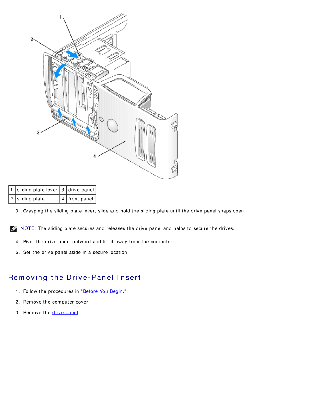 Dell DCSM manual Removing the Drive-Panel Insert, drive panel, front panel 