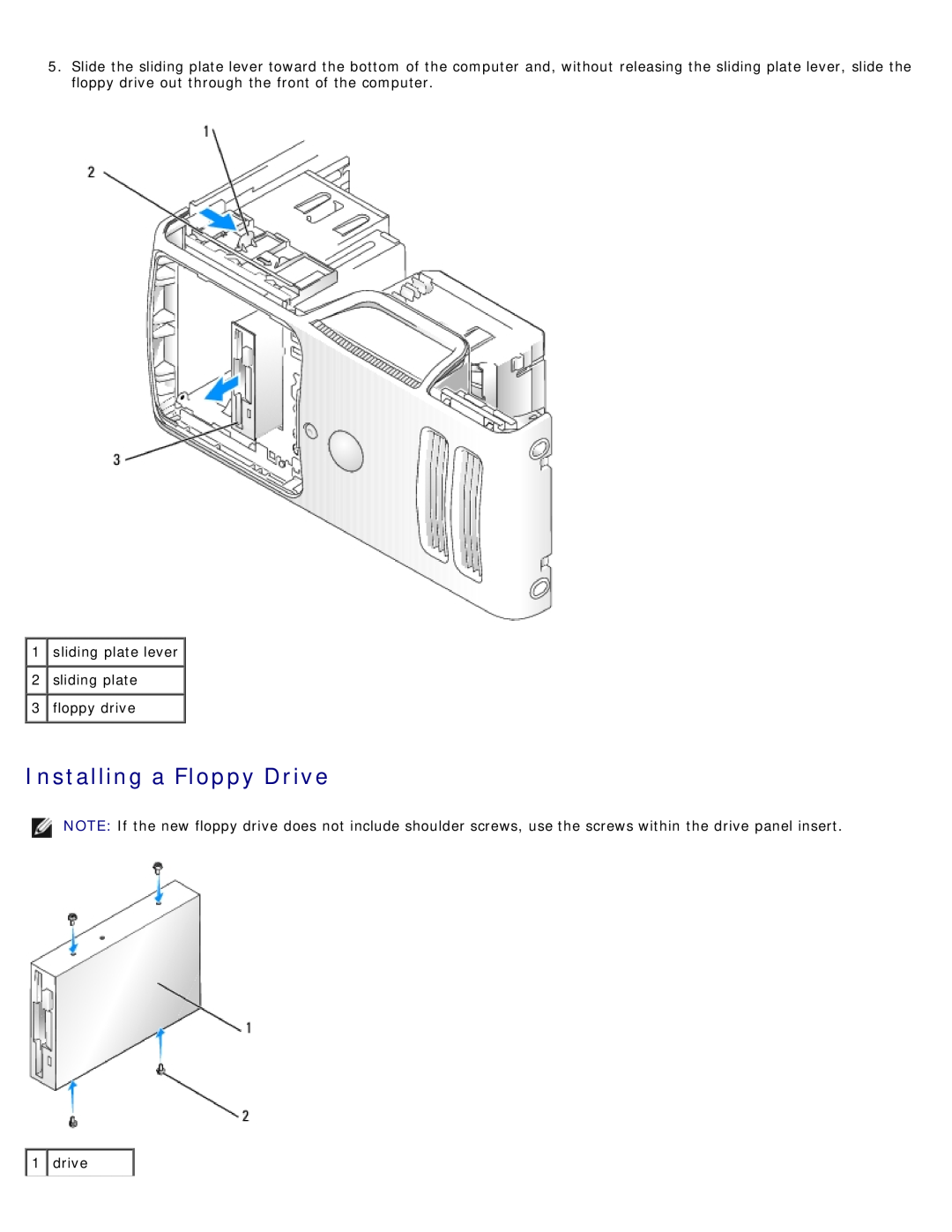 Dell DCSM manual Installing a Floppy Drive, sliding plate lever 2 sliding plate 3 floppy drive 