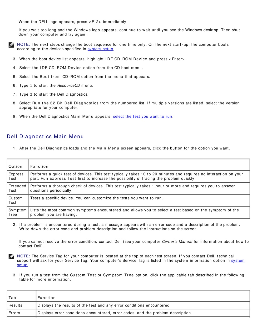 Dell DCSM manual Dell Diagnostics Main Menu, Option, Function 