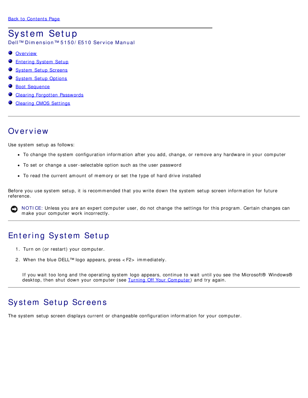 Dell DCSM manual Overview Entering System Setup System Setup Screens, Clearing CMOS Settings 