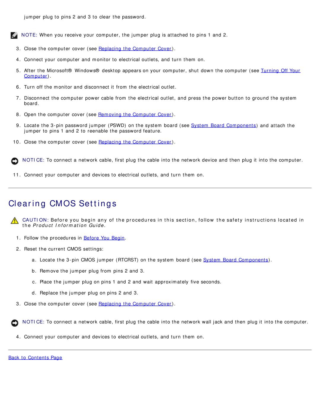 Dell DCSM manual Clearing CMOS Settings, Back to Contents Page 