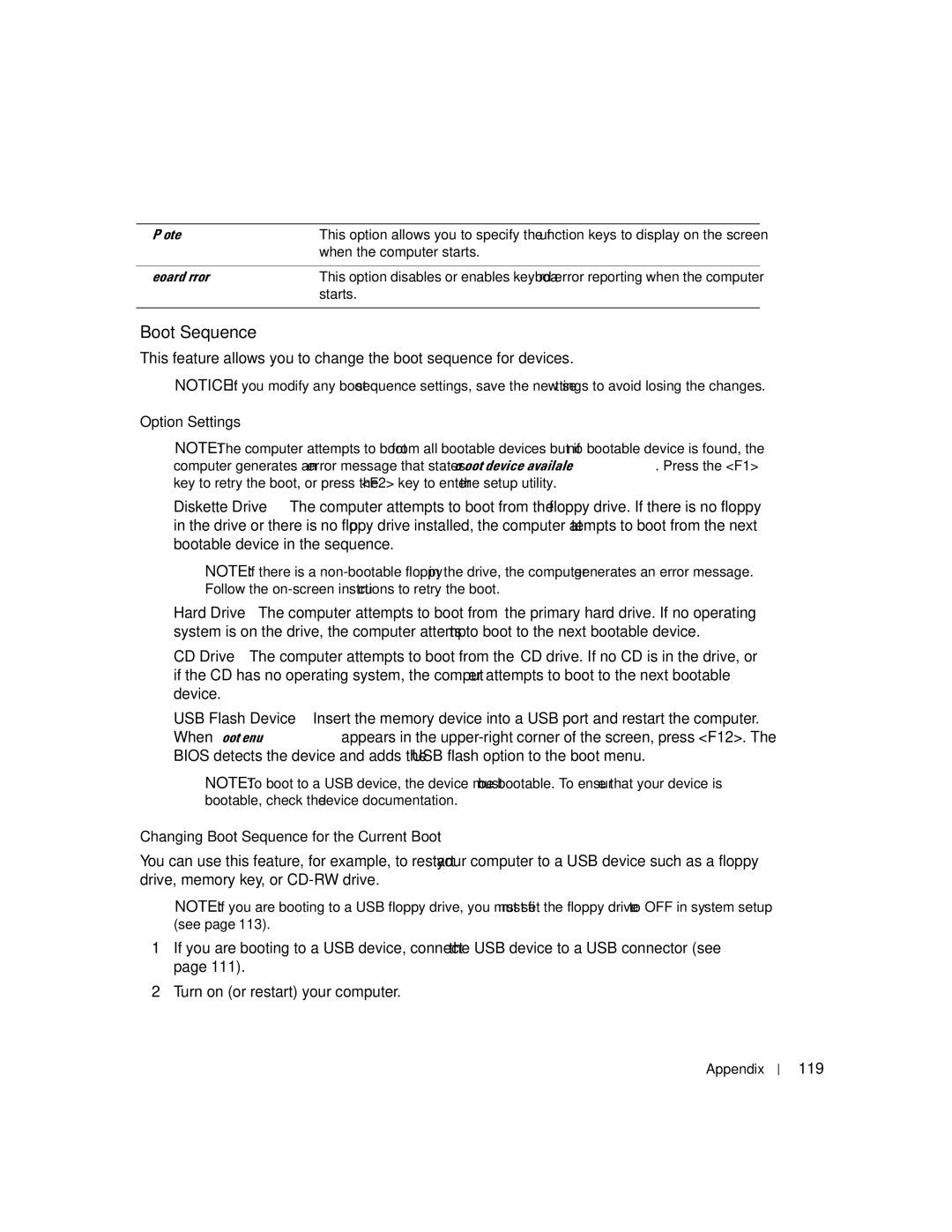 Dell 9150, DCTA manual Option Settings, Changing Boot Sequence for the Current Boot, 119 