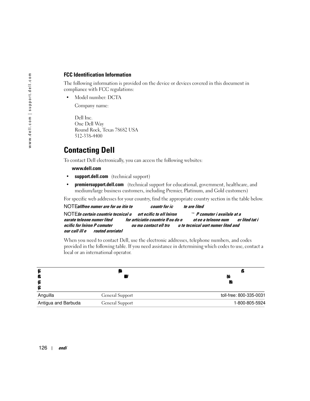 Dell DCTA, 9150 manual Contacting Dell, FCC Identification Information, 126 