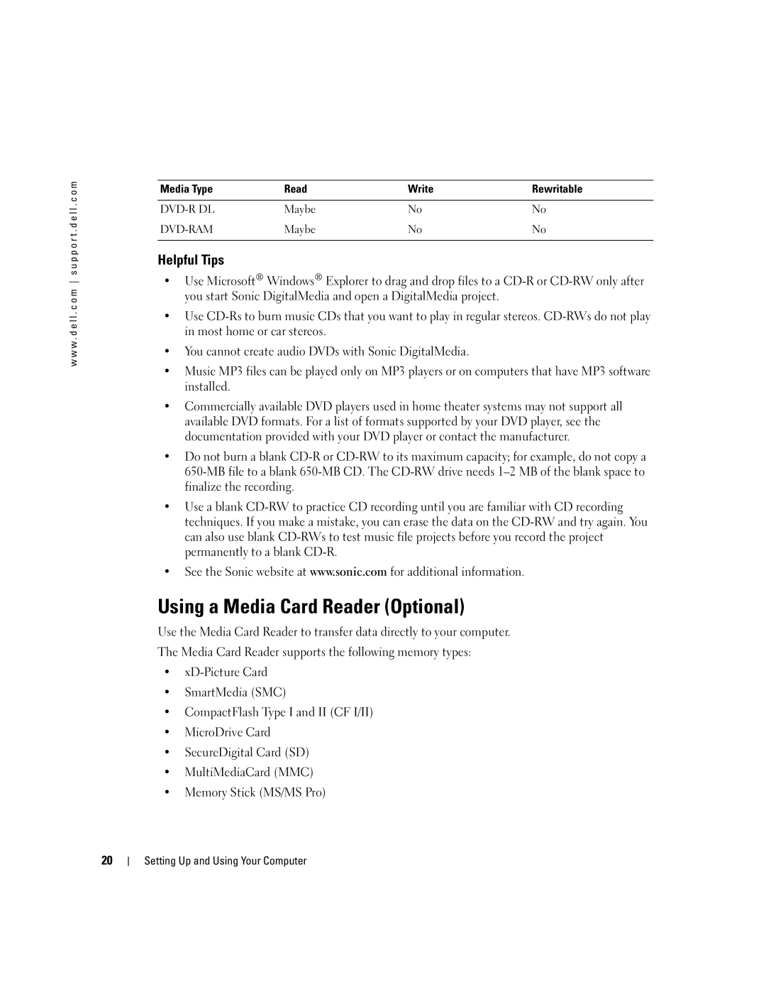 Dell DCTA, 9150 manual Using a Media Card Reader Optional, Helpful Tips 