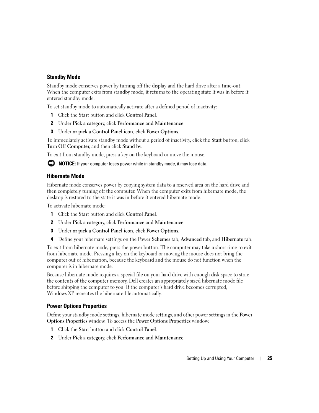 Dell 9150, DCTA manual Standby Mode, Hibernate Mode, Power Options Properties 