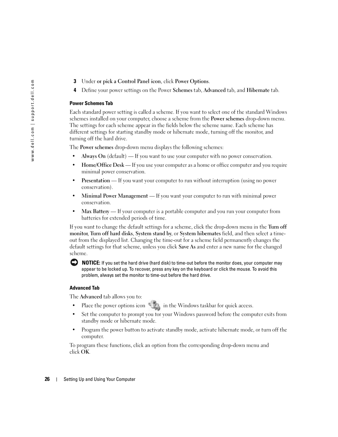 Dell DCTA, 9150 manual Power Schemes Tab, Advanced Tab 