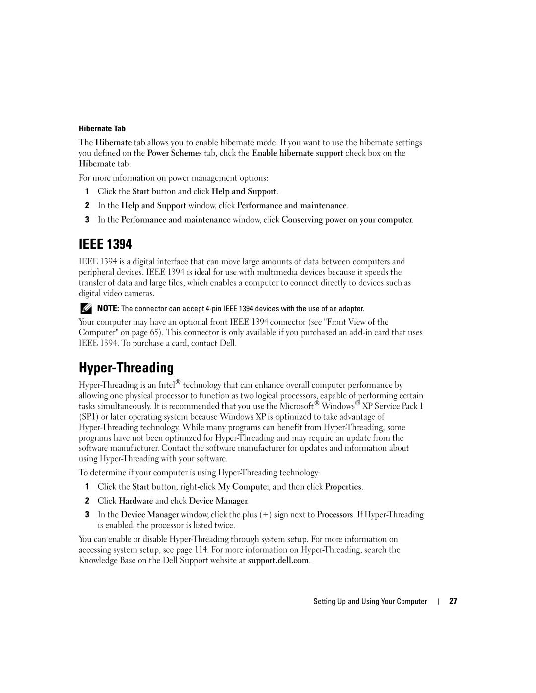 Dell 9150, DCTA manual Ieee, Hyper-Threading, Hibernate Tab 