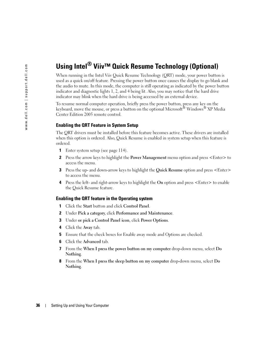 Dell DCTA, 9150 manual Using Intel Viiv Quick Resume Technology Optional, Enabling the QRT Feature in System Setup 