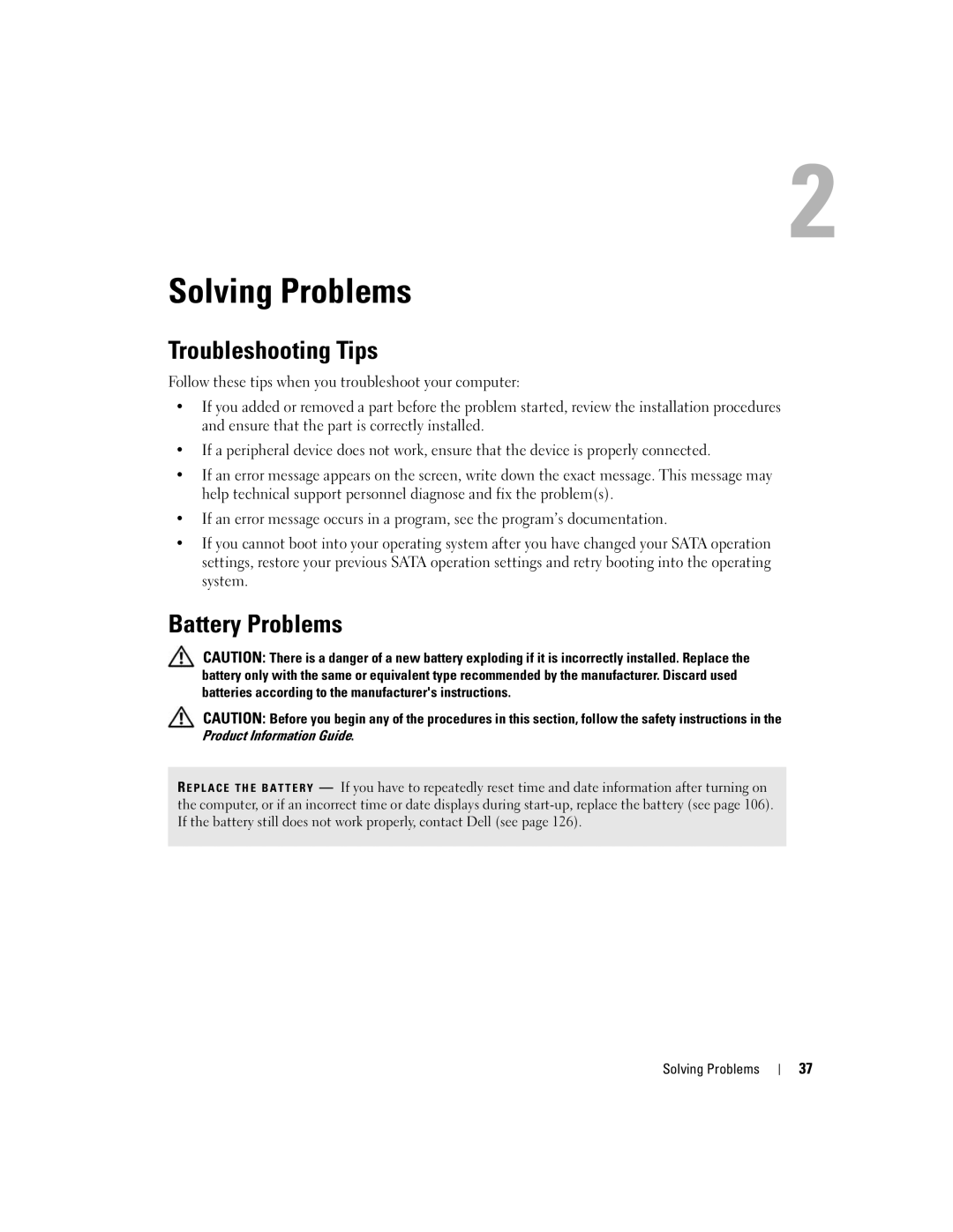 Dell 9150, DCTA manual Troubleshooting Tips, Battery Problems, Solving Problems 