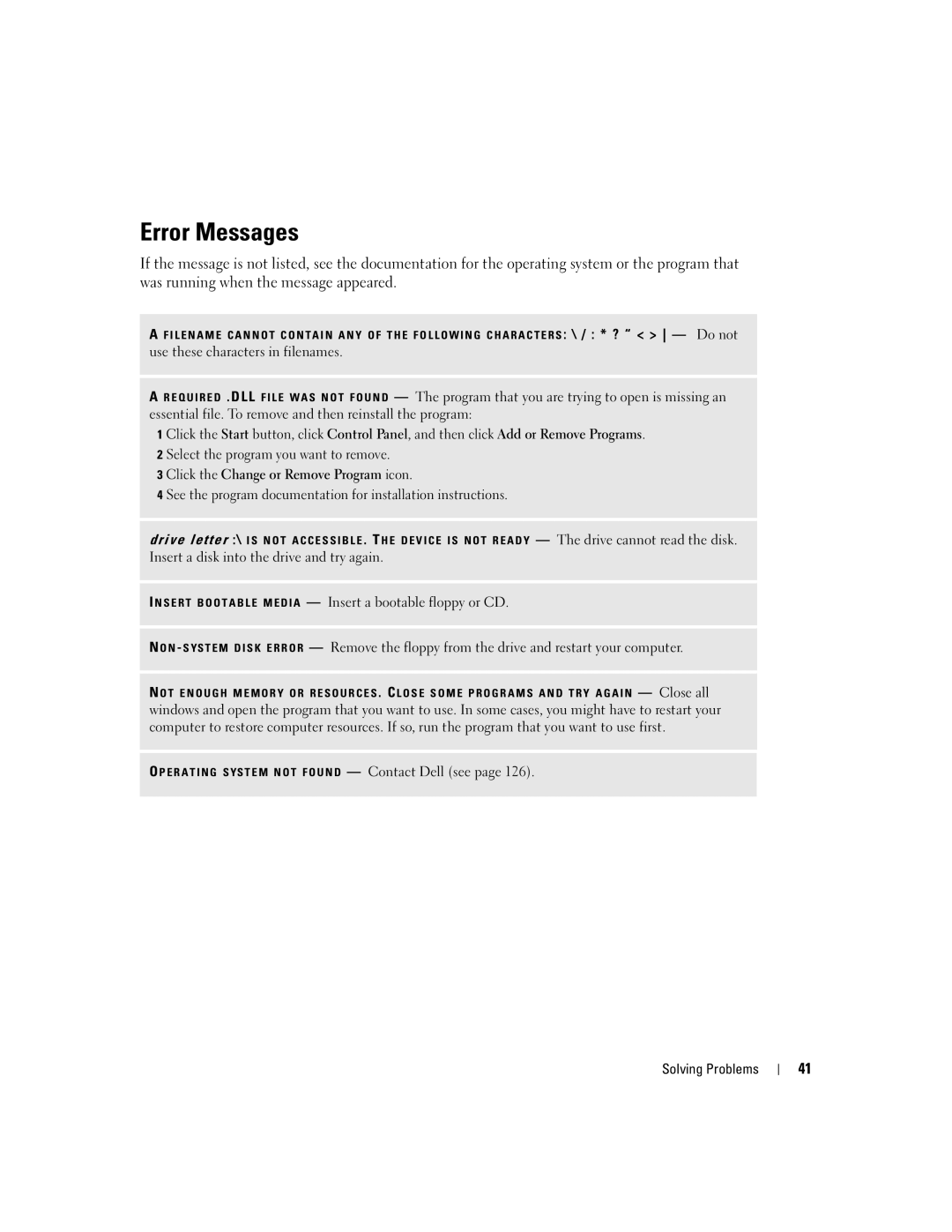 Dell 9150, DCTA manual Error Messages, Use these characters in filenames 