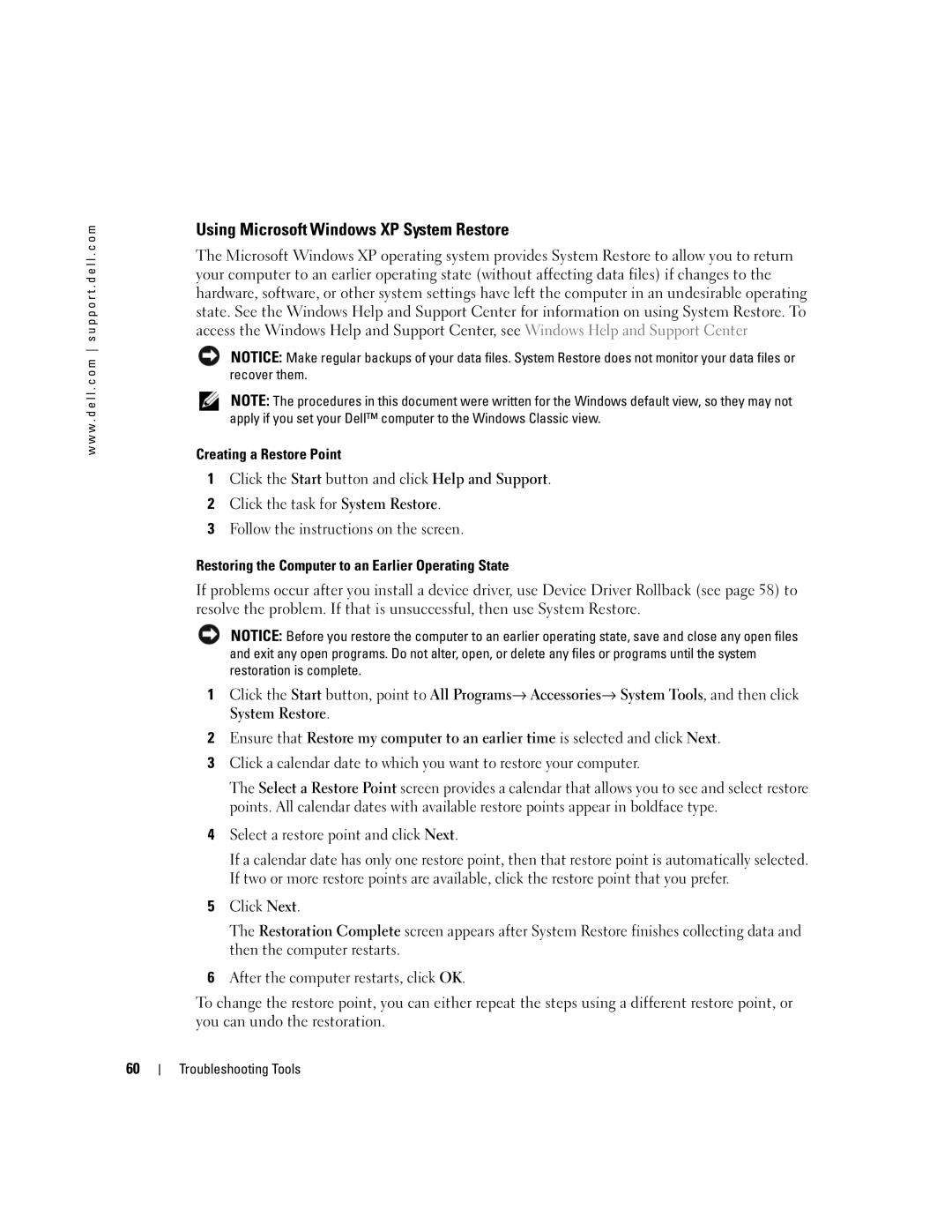 Dell DCTA, 9150 manual Using Microsoft Windows XP System Restore, Creating a Restore Point 