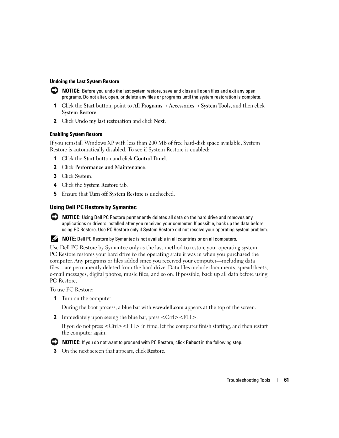 Dell 9150, DCTA manual Using Dell PC Restore by Symantec, Undoing the Last System Restore, Enabling System Restore 