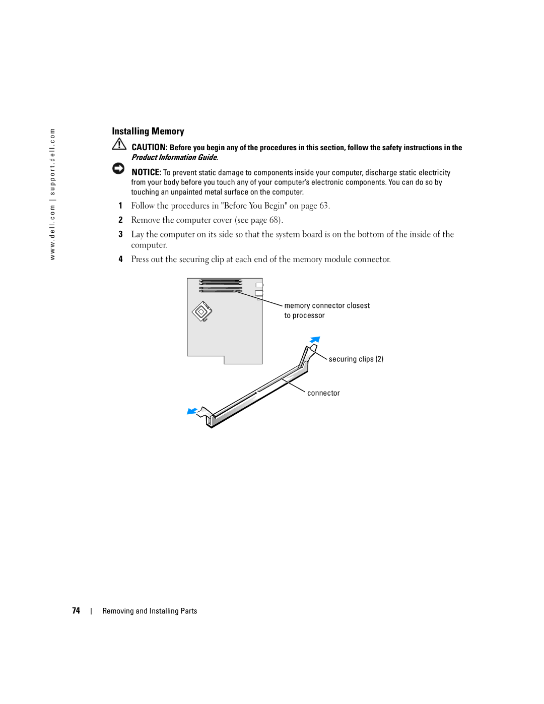 Dell DCTA, 9150 manual Installing Memory, To processor, Securing clips Connector Removing and Installing Parts 