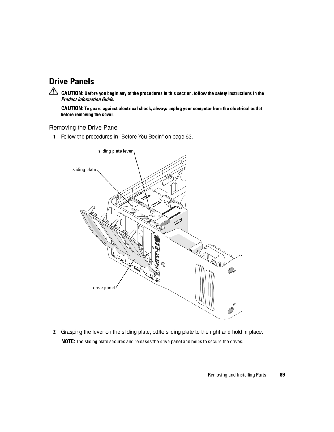 Dell 9150, DCTA manual Drive Panels, Removing the Drive Panel, Sliding plate lever Drive panel 