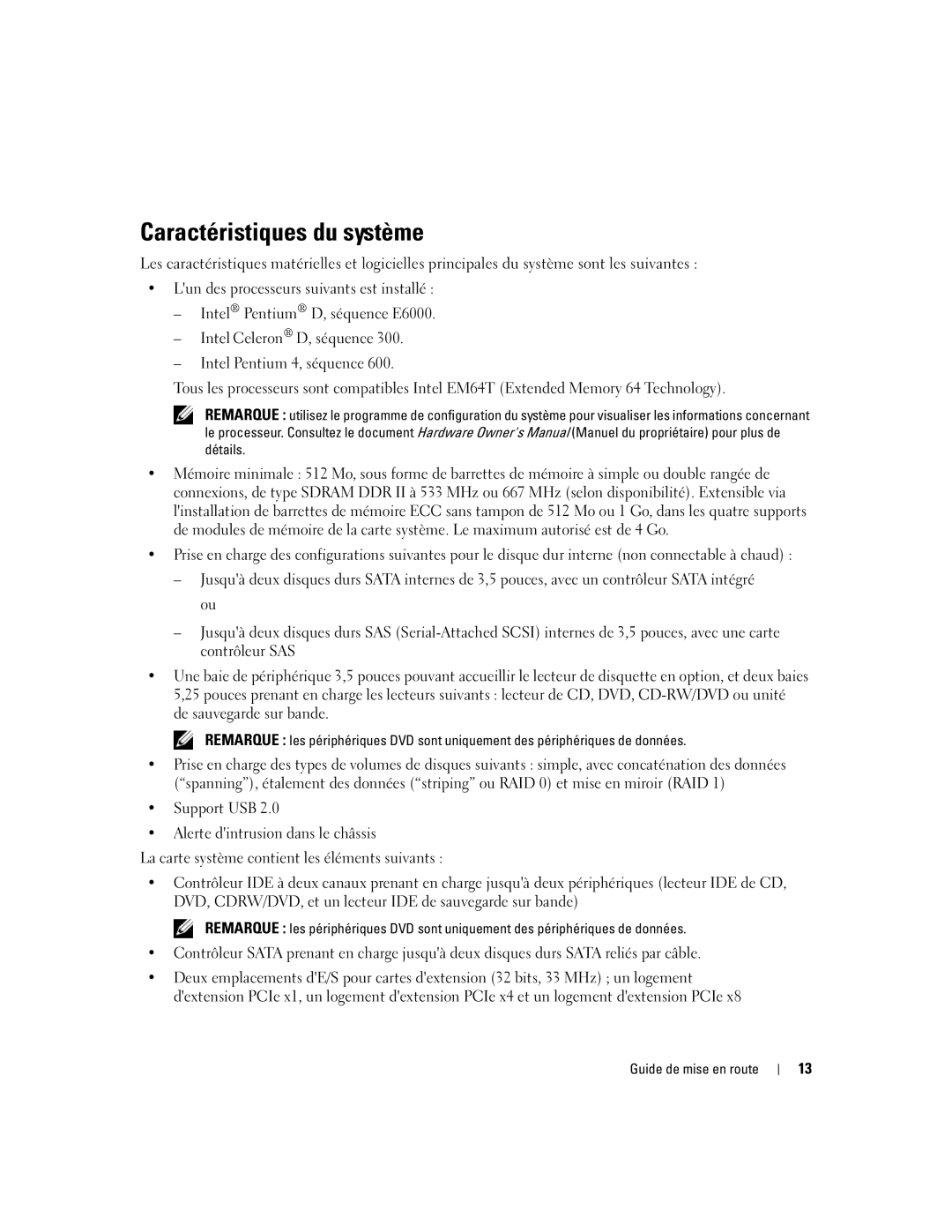 Dell DCTA manual Caractéristiques du système 