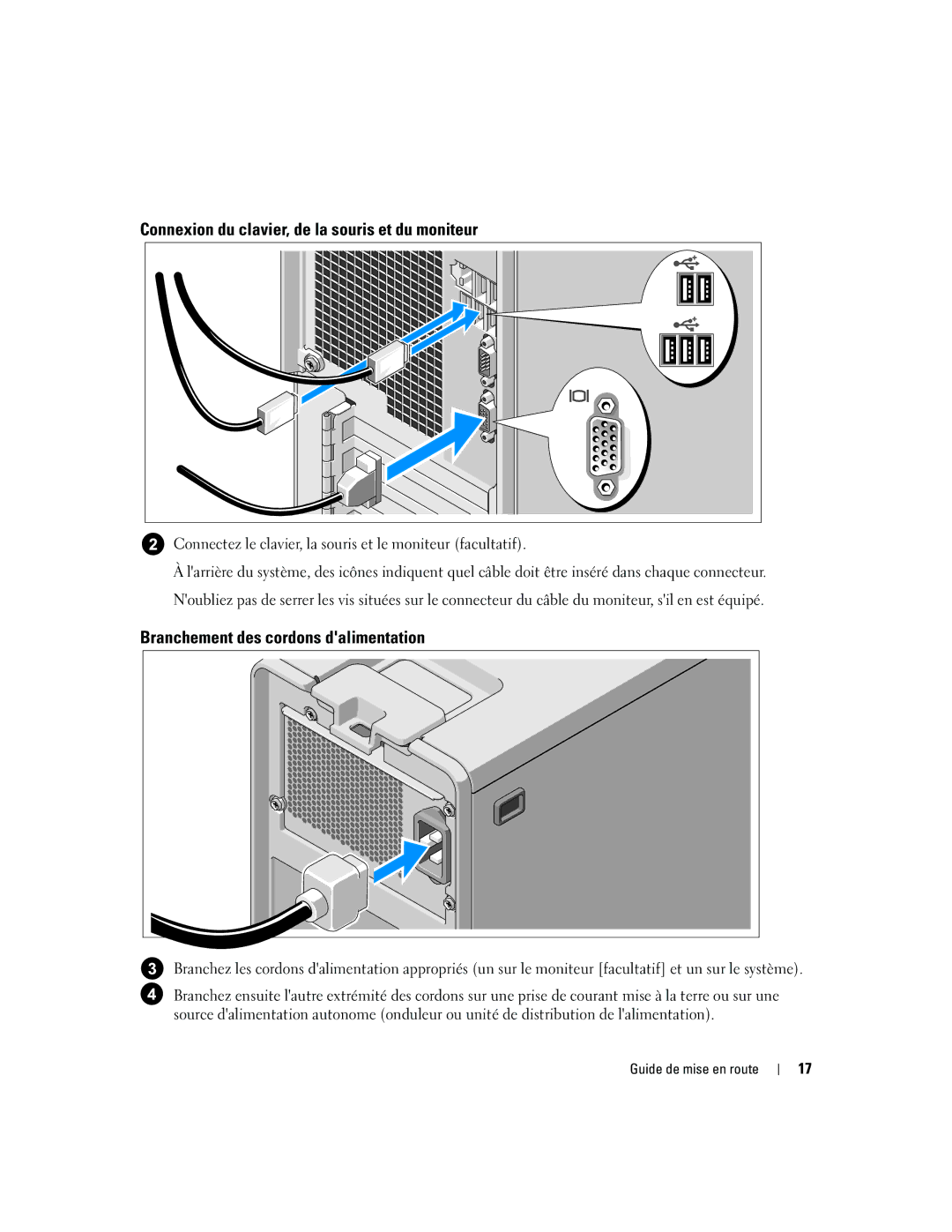 Dell DCTA manual Connexion du clavier, de la souris et du moniteur, Branchement des cordons dalimentation 