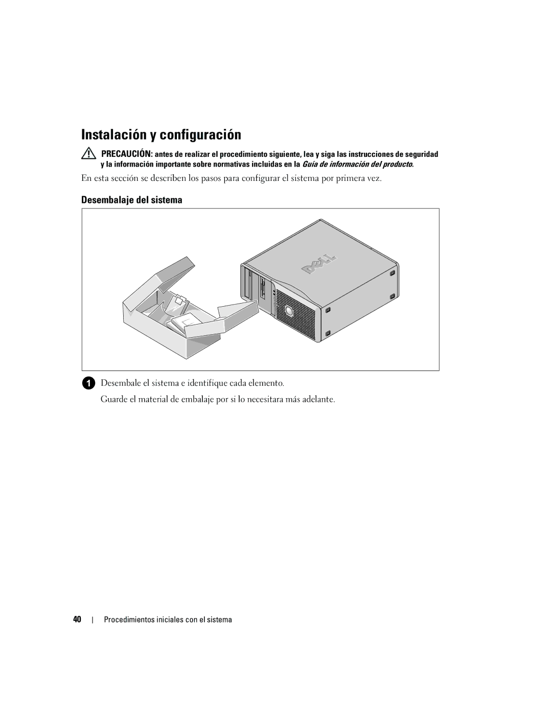 Dell DCTA manual Instalación y configuración, Desembalaje del sistema 