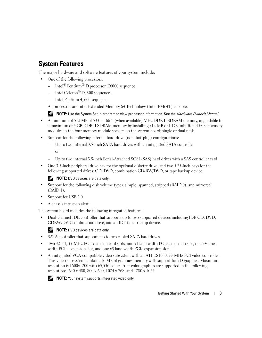 Dell DCTA manual System Features, Getting Started With Your System 