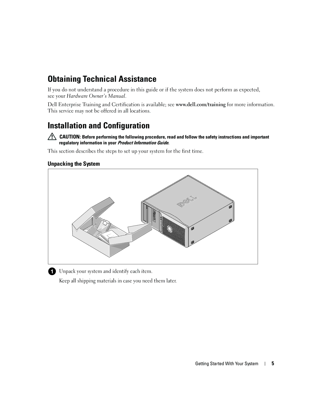 Dell DCTA manual Unpacking the System 