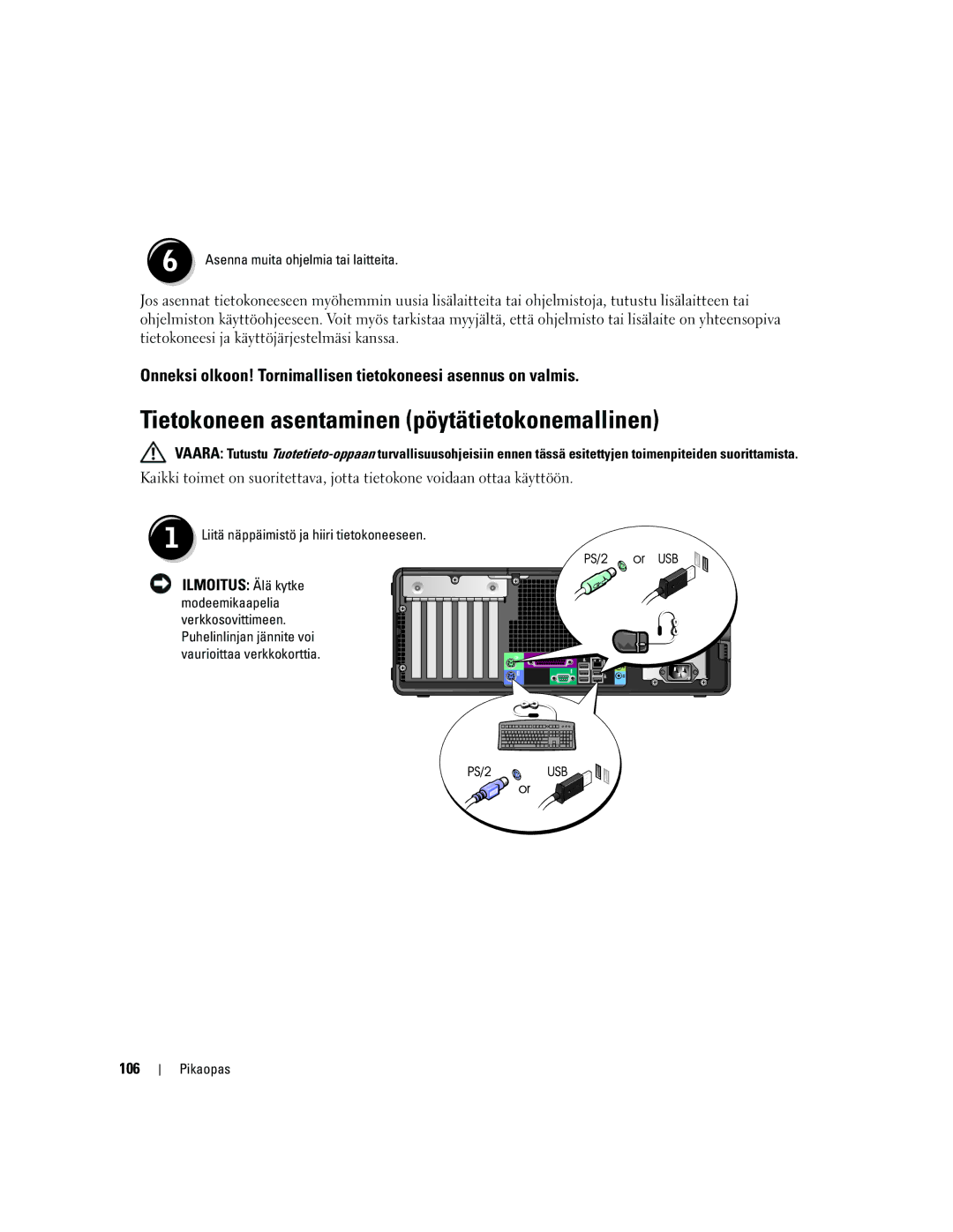 Dell DCTA manual Tietokoneen asentaminen pöytätietokonemallinen, 106 