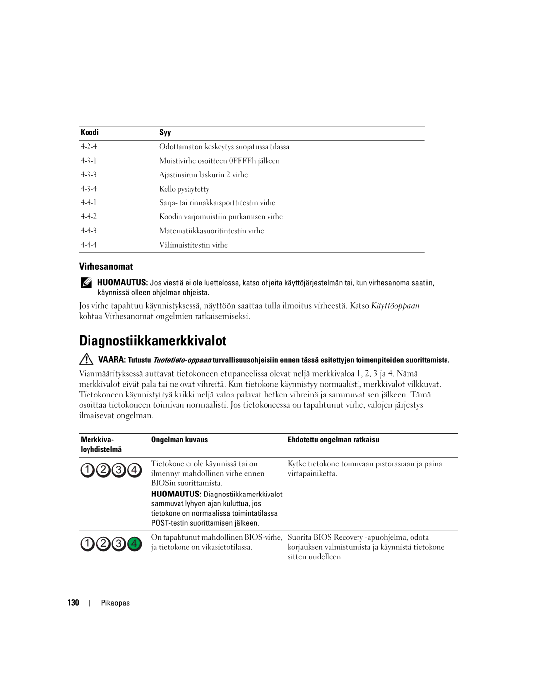 Dell DCTA manual Diagnostiikkamerkkivalot, Virhesanomat, 130, Sammuvat lyhyen ajan kuluttua, jos 