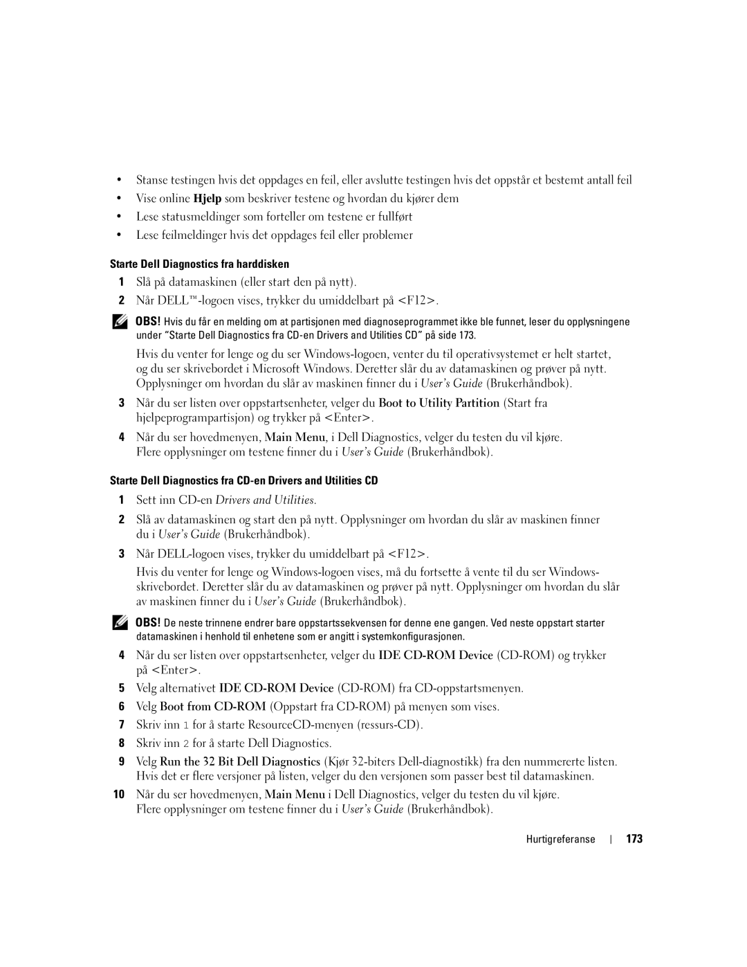 Dell DCTA manual Starte Dell Diagnostics fra harddisken, 173 