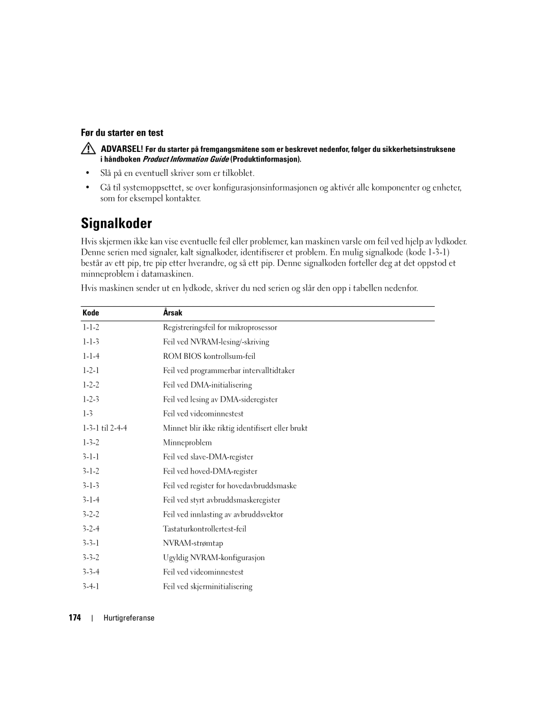 Dell DCTA manual Signalkoder, Før du starter en test, 174 