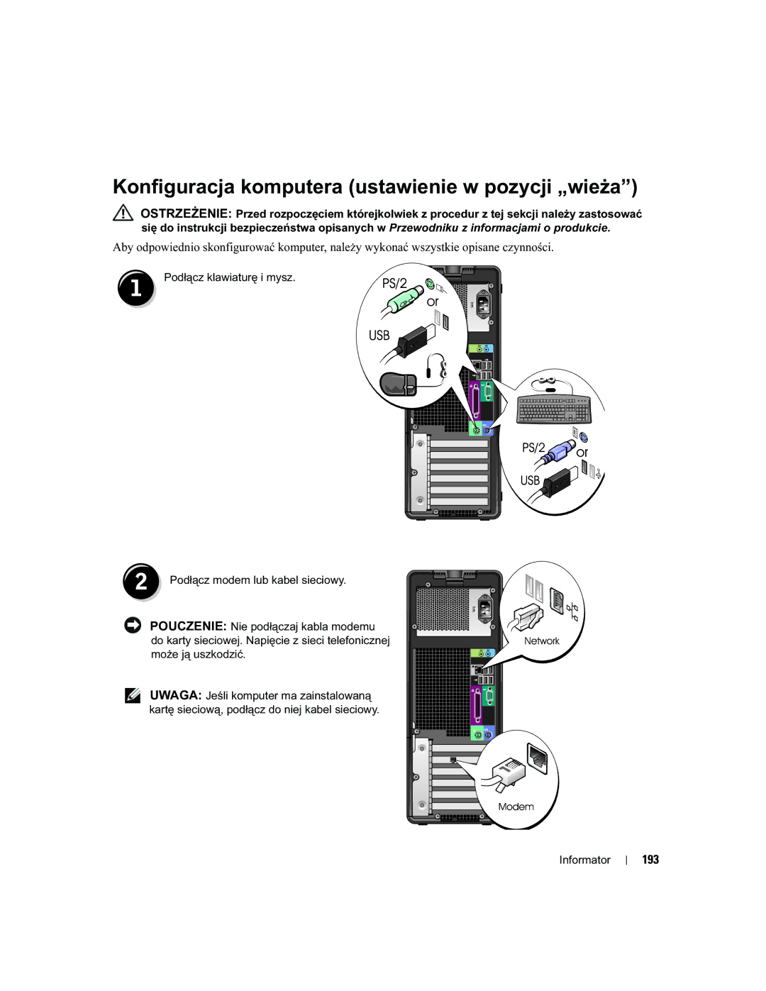 Dell DCTA manual Konfiguracja komputera ustawienie w pozycji „wieża, 193 