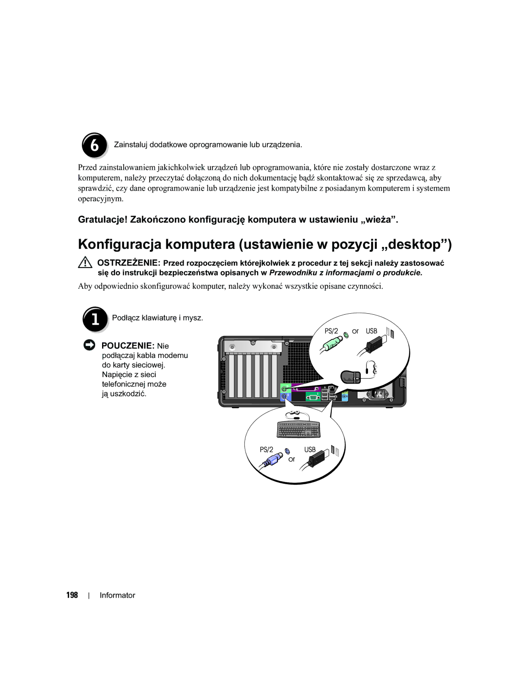 Dell DCTA manual Konfiguracja komputera ustawienie w pozycji „desktop, 198 