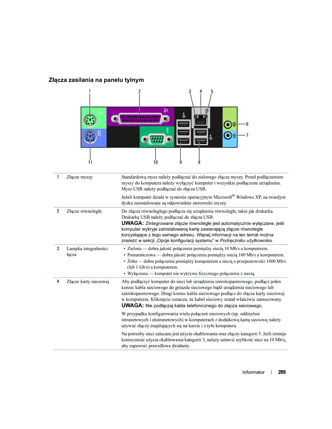 Dell DCTA manual Złącza zasilania na panelu tylnym, 209 