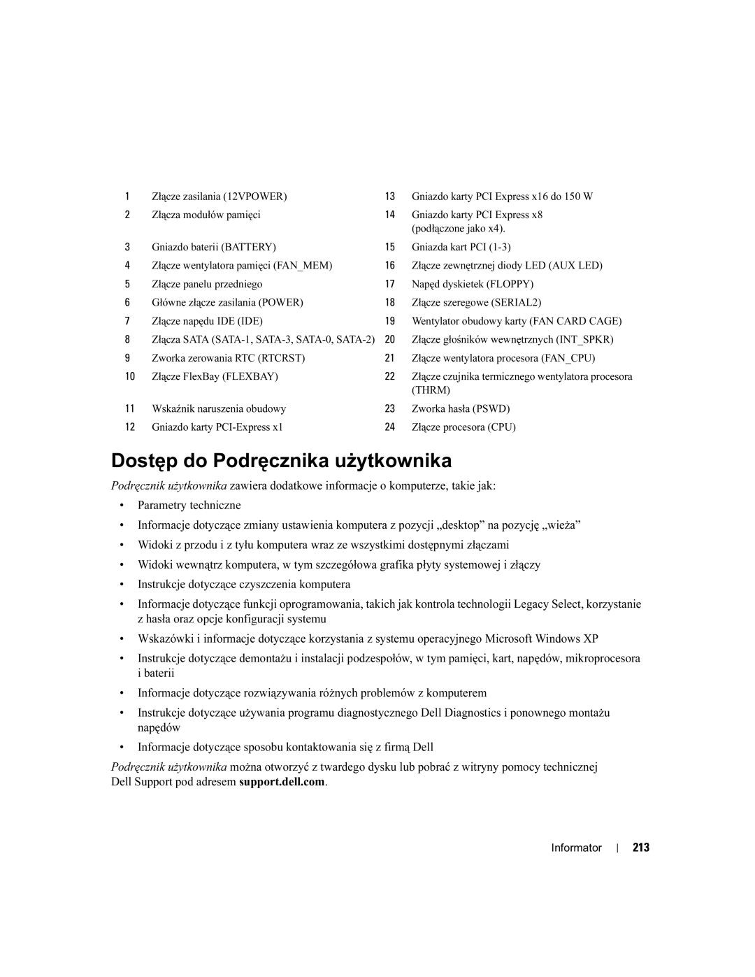 Dell DCTA manual Dostęp do Podręcznika użytkownika, 213 