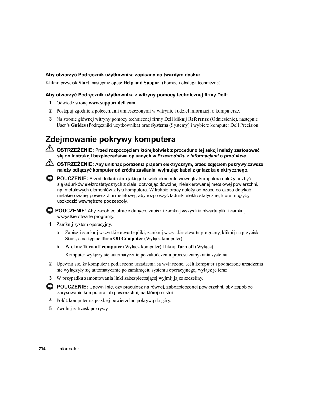 Dell DCTA manual Zdejmowanie pokrywy komputera, 214 