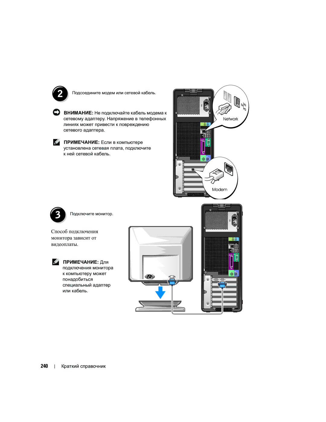 Dell DCTA manual 240, Способ подключения монитора зависит от видеоплаты 