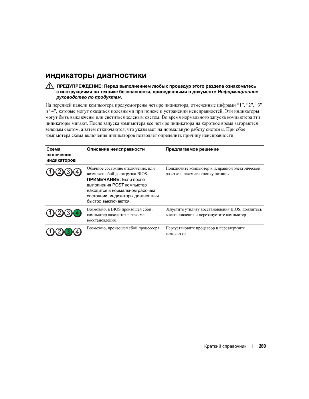 Dell DCTA manual Индикаторы диагностики, 269, Переустановите процессор и перезагрузите, Компьютер 