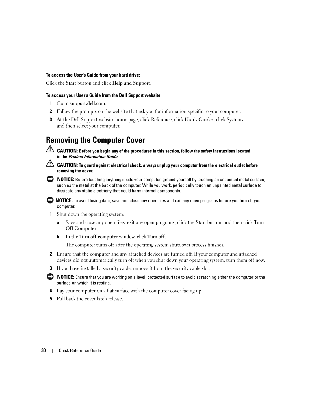 Dell DCTA manual Removing the Computer Cover, To access the User’s Guide from your hard drive 