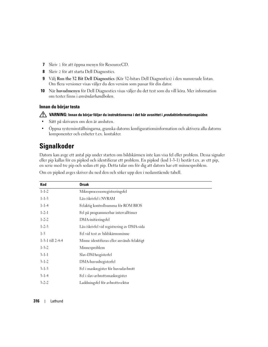 Dell DCTA manual Innan du börjar testa, 316 