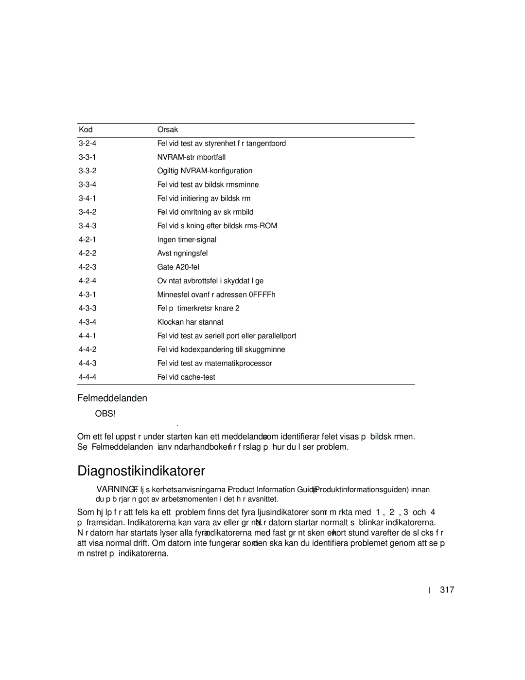 Dell DCTA manual Diagnostikindikatorer, Felmeddelanden, 317 