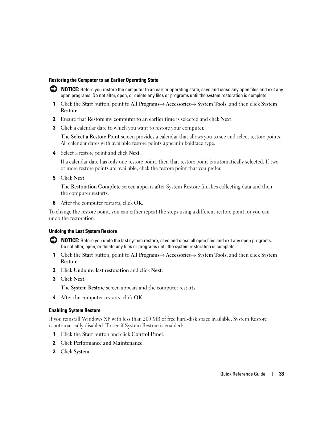 Dell DCTA Restoring the Computer to an Earlier Operating State, Undoing the Last System Restore, Enabling System Restore 