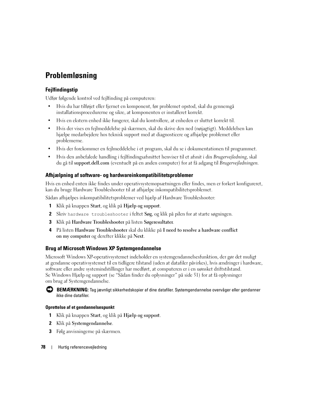 Dell DCTA manual Problemløsning, Fejlfindingstip, Brug af Microsoft Windows XP Systemgendannelse, Klik på Systemgendannelse 