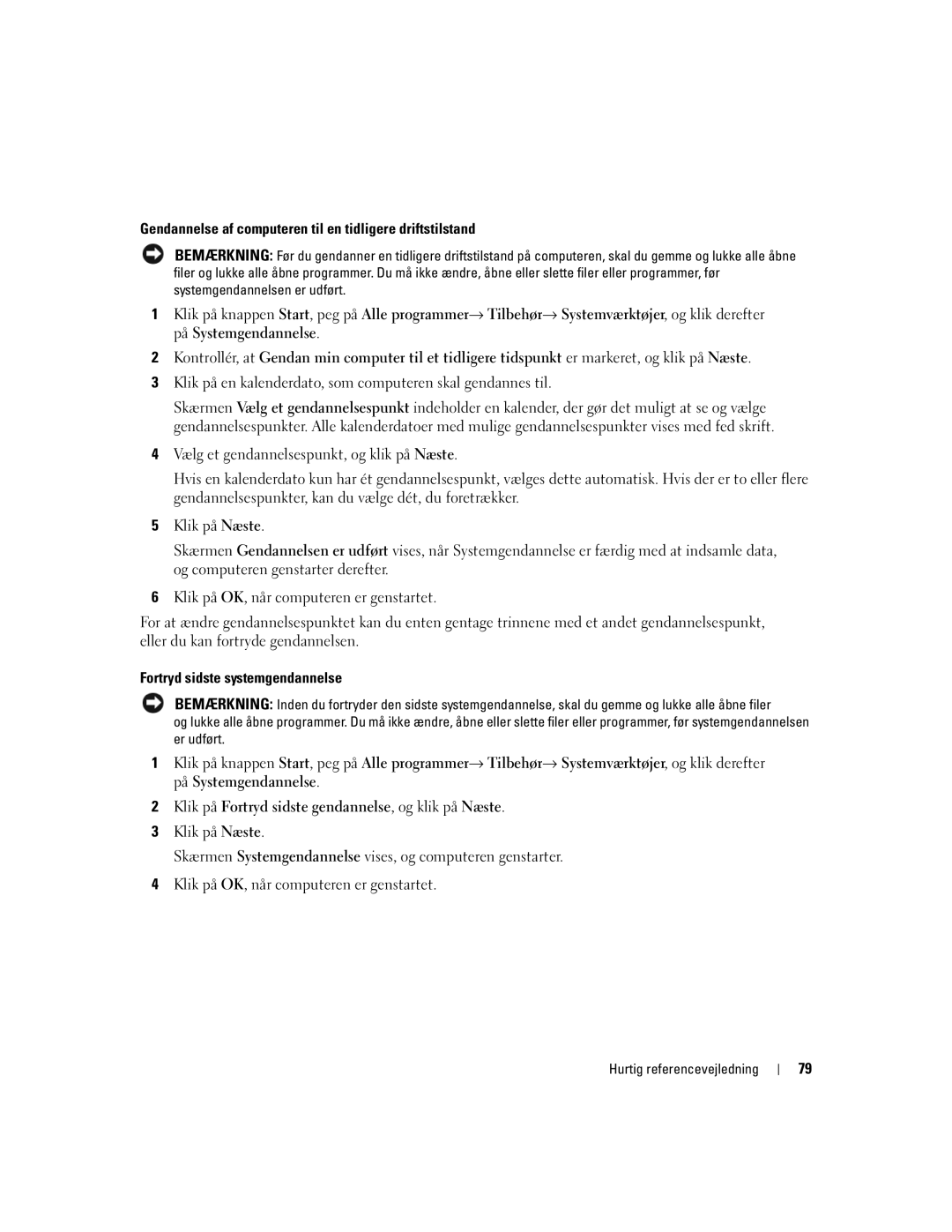 Dell DCTA manual Gendannelse af computeren til en tidligere driftstilstand, Fortryd sidste systemgendannelse 