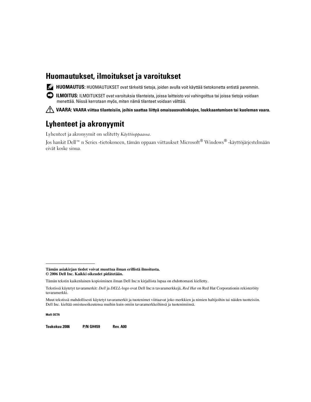 Dell DCTA manual Huomautukset, ilmoitukset ja varoitukset, Lyhenteet ja akronyymit 